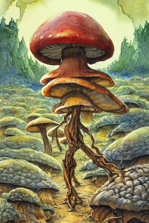 Prompt: classic watercolor, an uprooted mushroom that has big arms and legs, as a dnd character, walking along foreign plains, cottagecore, extremely detailed, aquarelle, gouache, concept art, readability, smooth, sharp focus, art by brothers hildebrandt, and paul bonner, and alex grey