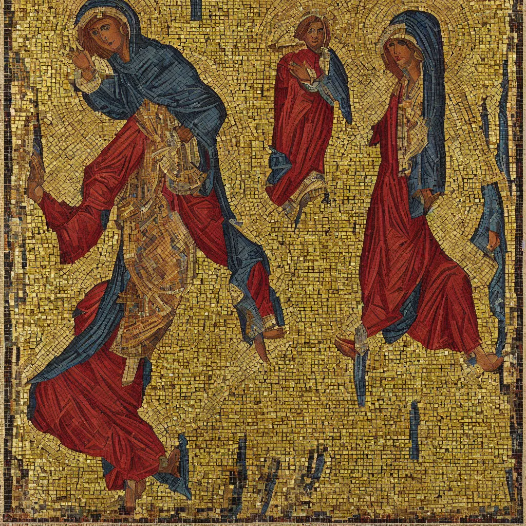 Prompt: Virgin Mary dancing for angel gabriel in a trance, orthodox mosaic