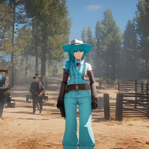 Prompt: red dead 2 hatsune miku in game