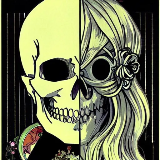 Prompt: anime manga skull portrait face skeleton illustration style by Alphonse Mucha and Hockney comicbook pop art nouveau