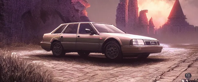 Image similar to Armored Audi 80 B3 Avant (1988) facing off a dark knight, The Elder Scrolls III: Morrowind, an epic fantasy, Morrowind, Consulting Vivec, dramatic lighting, cinematic, establishing shot, extremely high detail, photorealistic, cinematic lighting, artstation, by simon stalenhag