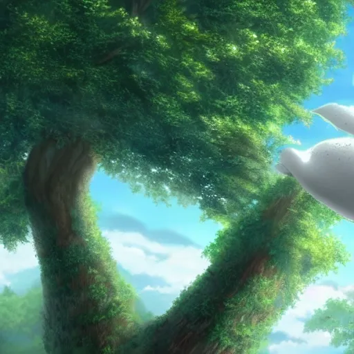 Image similar to big white whale flying near giant tree in the green field, anime, HD,