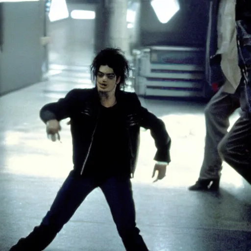 Image similar to michael jackson as tylor durden in the movie fight club, photo, still frame, cinematic.