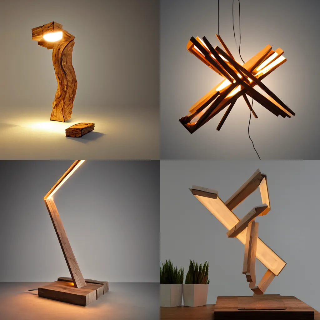 Prompt: a lamp made from pieces of wood and 3 ledlights, design, hyperrealistic, 8 k