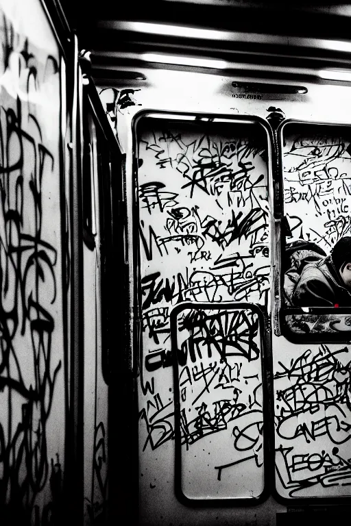 Image similar to subway cabin inside all in graffiti, man in stussy jacket closeup writing graffiti, night, film photography, exposed b & w photography, christopher morris photography