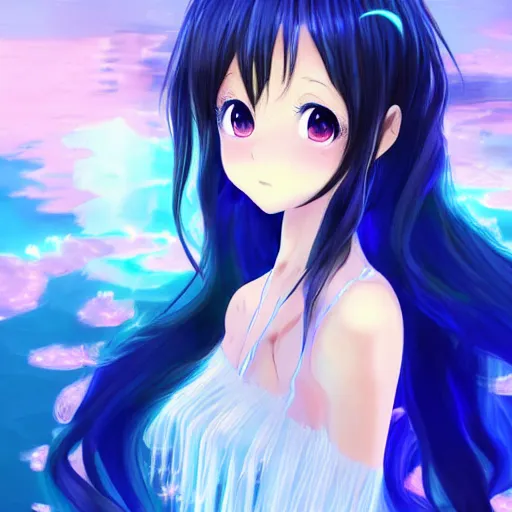 Image similar to advanced digital painting , a very cute anime girl wearing a dress made of water standing in a crystal lake turning into mist , full body, very long black hair, azure blue watery eyes, full round face, cinematic lighting, MCU, mid-shot, highly detailed, trending on artstation, Unreal Engine 4k, Artgerm , WLOP, Rossdraws, James Jean, Andrei Riabovitchev, Marc Simonetti, and Sakimichan