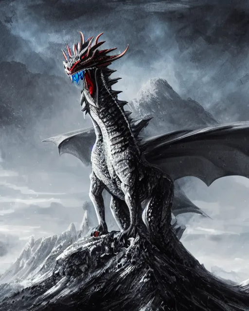 Image similar to giant ice dragon standing on a mountain, highly detailed, 4 k, hdr, award - winning, directed by zack snyder, trending on art station, matte