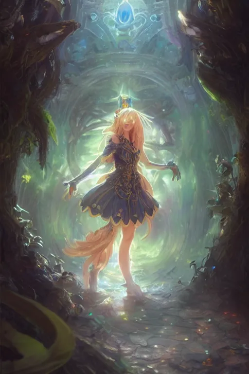 Image similar to lisa kudrow as anime girl, mushroom kingdom, fantasy character portrait, concept art, sorceress, magical aura, bright, interesting angle, intricate details, highly detailed by greg rutkowski, gaston bussiere, simon bisley