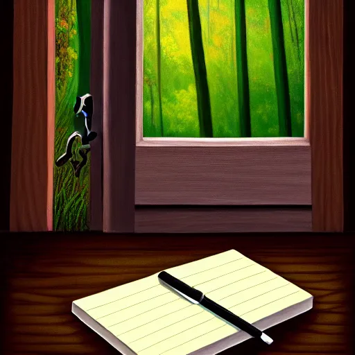 Image similar to a painting of a notepad that is also a door to a cottage in the woods, trending on artstation, detailed digital art, aesthetic!!!!,