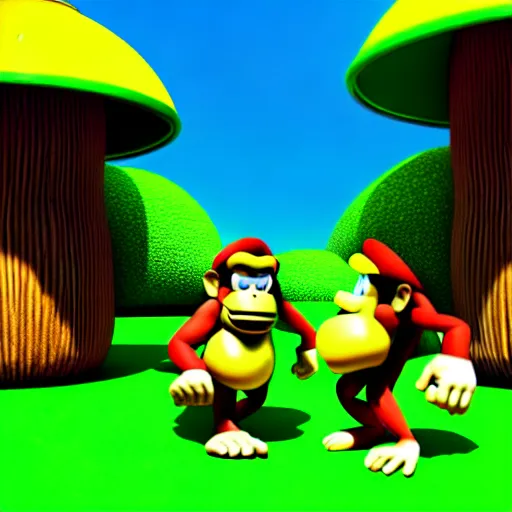 Prompt: Donkey Kong and Diddy Kong surrounded by tropical trees and barrels, 3D render