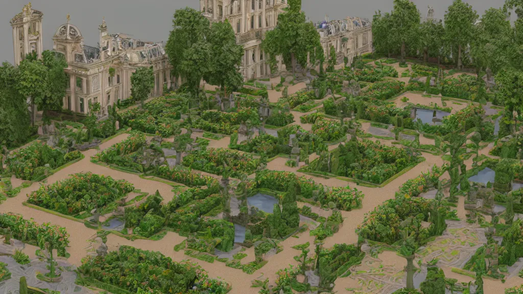 Image similar to versailles garden in an early 3 d low polygon style