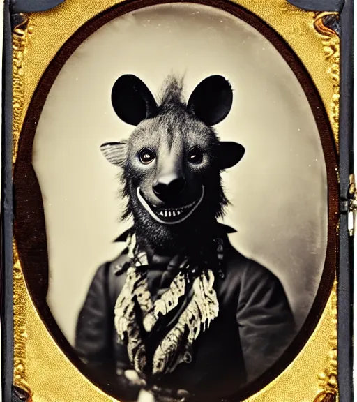 Prompt: professional studio photo portrait of anthro anthropomorphic spotted hyena head animal person fursona wearing elaborate pompous royal robes clothes by Louis Daguerre daguerreotype tintype