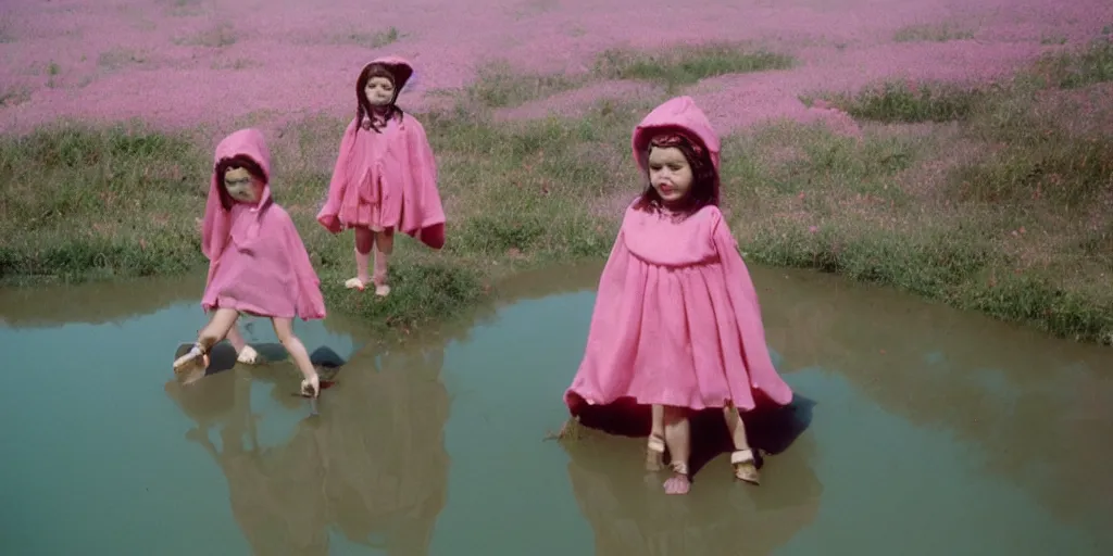 Image similar to 3 5 mm photography of kids wearing a codex seraphinianus costume in a pink lake h 1 2 0 0