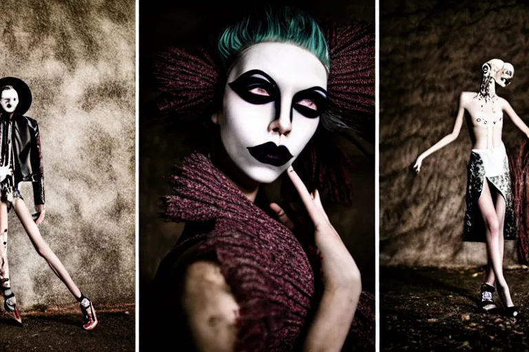 Image similar to fashion editorial photography in a world inspired by tim burton