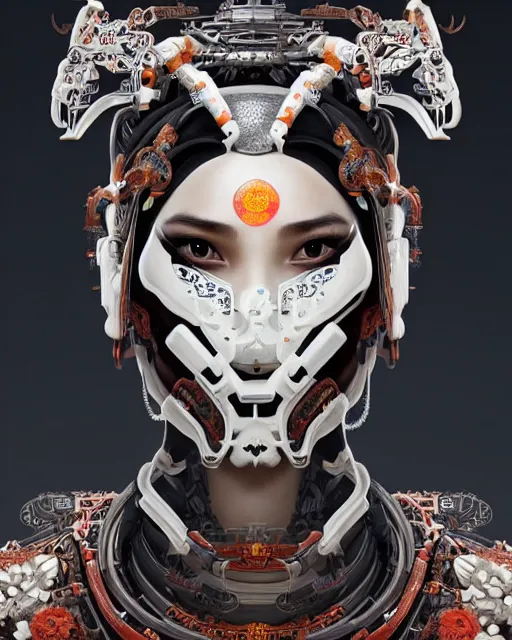 Image similar to portrait of a machine from horizon zero dawn, machine face, upper half portrait, decorated with chinese opera motifs, asian, bian lian, traditional chinese art, intricate, elegant, highly detailed, digital painting, artstation, concept art, smooth, sharp focus, illustration, art by artgerm and greg rutkowski and alphonse mucha, 8 k