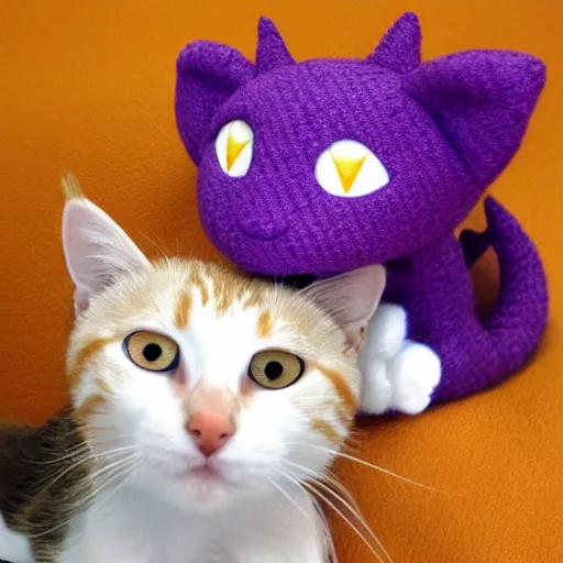 Image similar to tiny purple dragon snuggling orange tabby cat, orange tabby hugging tiny purple dragon