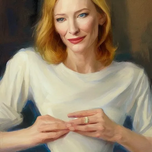 Image similar to cate blanchett in low-cut blouse in front of a mirror, painting by Vladimir Volegov