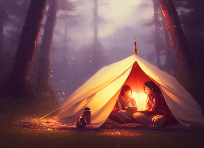 Prompt: full portrait of asian mage traveller resting at her tent. intricate, elegant, highly detailed, digital painting, artstation, concept art, smooth, sharp focus, illustration, by greg rutkowski, 8 k