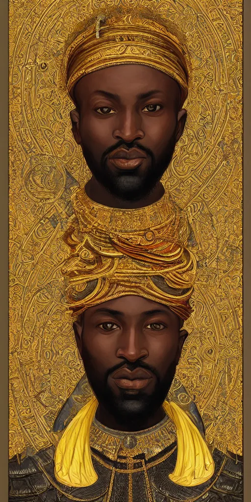 Image similar to a stunning and noble highly detailed romantic period style portrait of Mansa Musa by Josep Tapiró Baró, trending on artstation, oil painting masterpiece, symmetry, African iconography