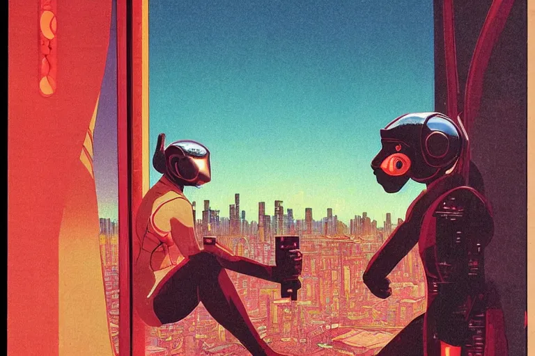 Image similar to 1979 OMNI Magazine Cover of vervet monkey in Mongolian armor. window showing neo-Tokyo streets behind her. in cyberpunk style by Vincent Di Fate