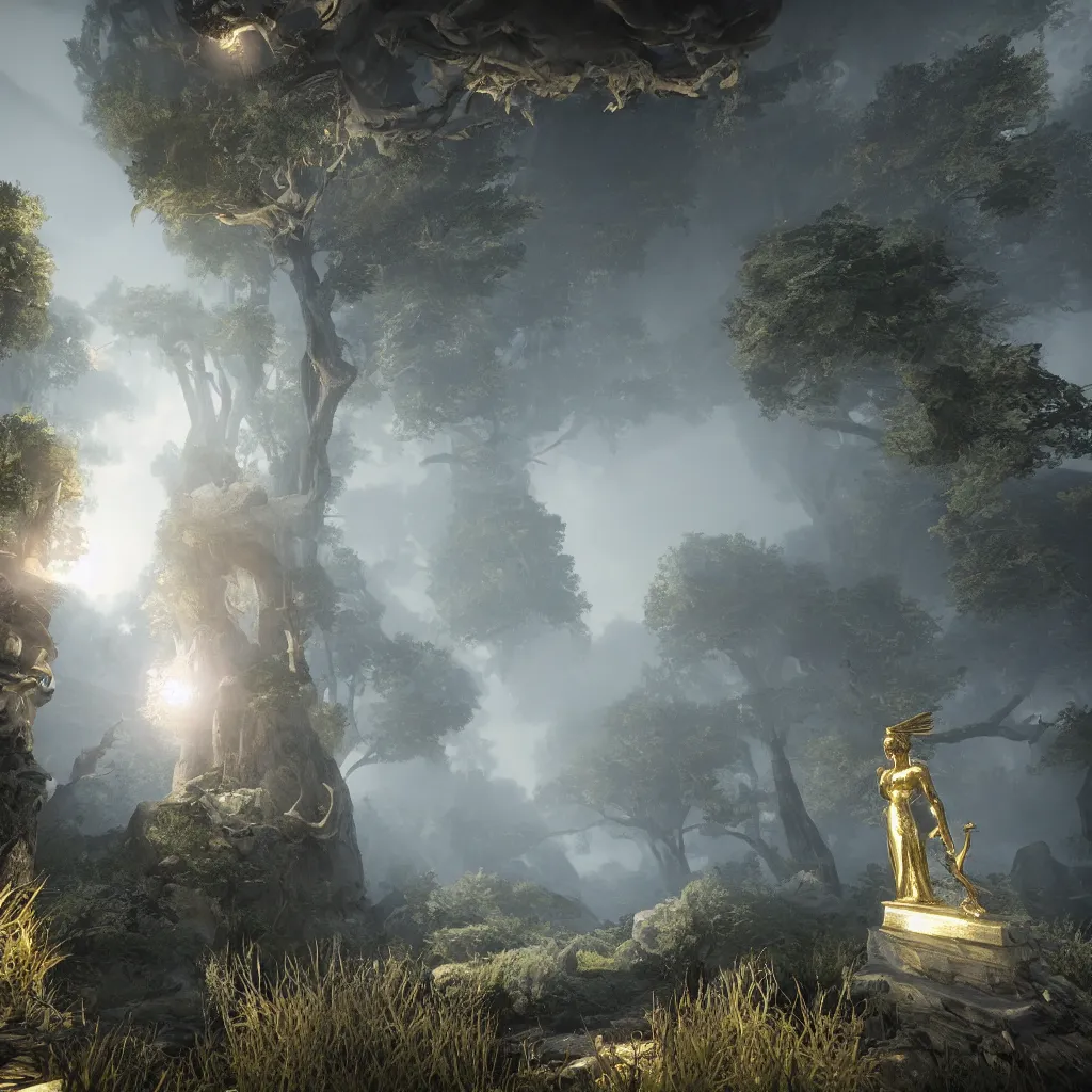 Image similar to seeing through multiple profound perspectives, highly detailed, unreal engine, volumetric light, mist, golden goddess athena