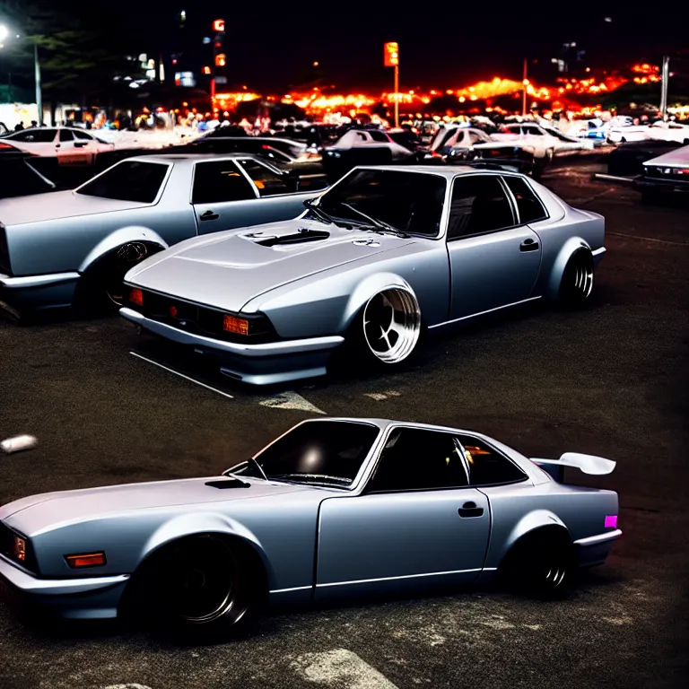 Image similar to a car S30 twin turbo drift at illegal car meet, Gunma prefecture, city midnight mist lights, cinematic lighting, photorealistic, highly detailed wheels, high detail