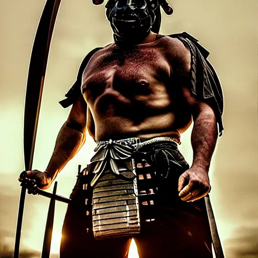 Image similar to fierce big muscular samurai wearing a cybernetic oni mask, cyber, scifi, movie still