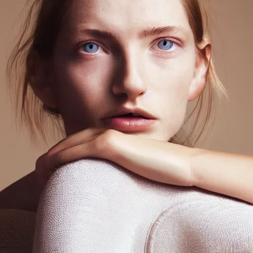 Prompt: close up of face of female fashion model, sitting on chair, beige colors, official jil sander editorial, highly detailed