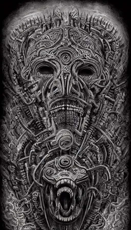 Image similar to ancient biomechanical hybrid aztec fantasy human serpent demon face mask tattoo pattern concept, teonanacatl glyph, intricate artwork by, Johnatan Wayshak, Zdizslaw Beksinski, Artgerm, H.R. Giger, very coherent artwork, cinematic, hyper realism, high detail, octane render, unreal engine, 8k, High contrast, higly detailed black ink outline, crosshatch sketch gradient