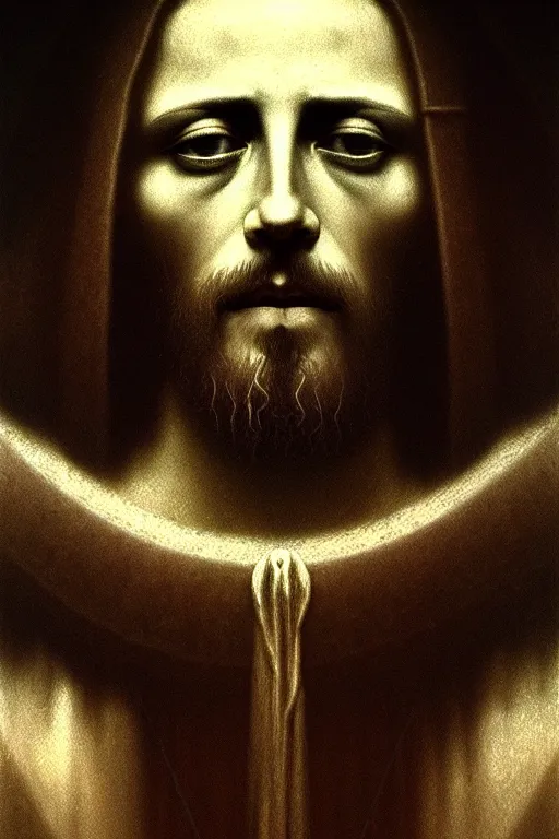 Image similar to jesus portrait, in the style of beksinski, solarpunk, atmospheric, clean, intricate and epic composition, gray by caravaggio, insanely quality, highly detailed, masterpiece, white light, artstation, 4 k