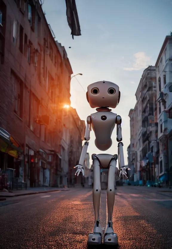 Image similar to a calming photograph of a slender, humanoid robot caresses a beautiful woman in the face, large shot, wide shot, in a street, sunset photo