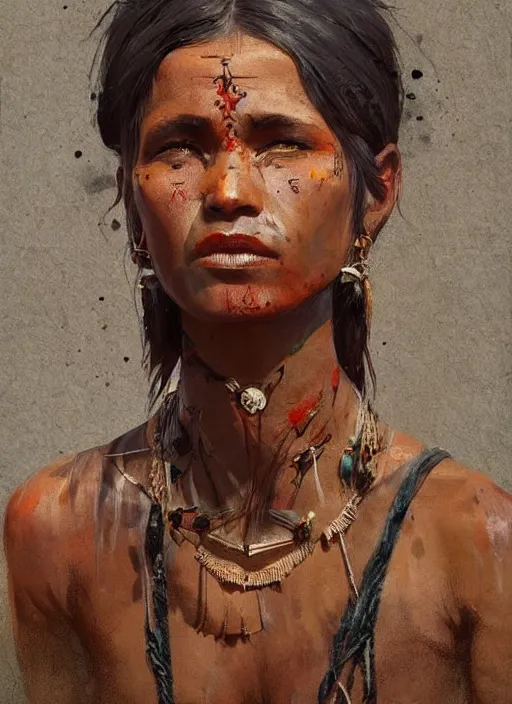 Prompt: A painting of a tribal woman, trending on artstation in the style of Greg Rutkowski