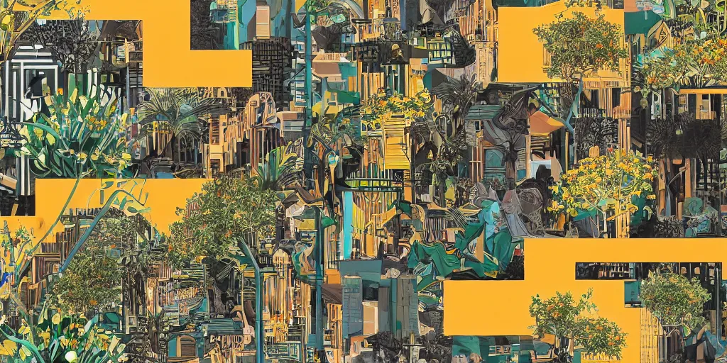 Prompt: masterpiece high contrast black, gold, teal, orange, graphic illustration of a in an afro futurist florence courtyard, eco city block designed by by frank lloyd wright architect, plants and trees on walkways low buildings, green energy, bicycles,, bill sienkiewicz, giant agapanthus flower from buildings wide angle, insanely detailed and intricate