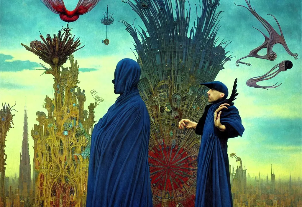 Image similar to realistic detailed portrait movie shot of a birdman wearing dark robes, sci fi city landscape background by denis villeneuve, amano, yves tanguy, alphonse mucha, ernst haeckel, max ernst, roger dean, masterpiece, rich moody colours, blue eyes, occult