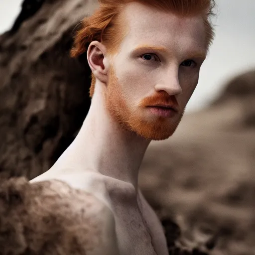 Image similar to color portrait of a very pale ginger male model by emmanuel lubezki