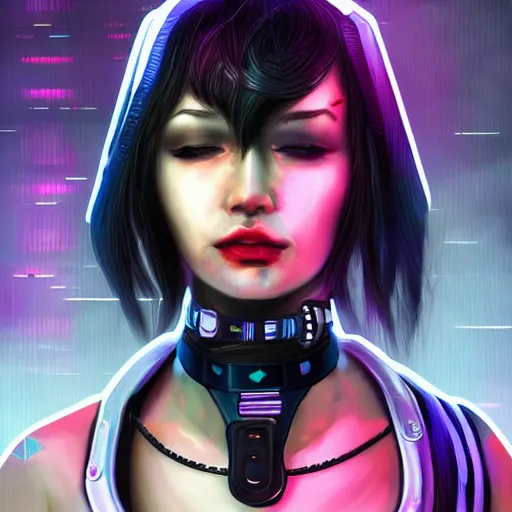 Image similar to female character cyberpunk wearing technological collar around neck, realistic, art, beautiful, 4K, collar, choker, collar around neck, punk, artstation, detailed, female, woman, choker, neon,