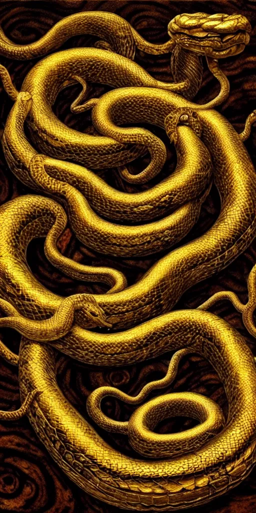 Image similar to concept art of an ouroboro, endless snake, made of gold, on a dark wood background, surrounded by spirals of fog, grimy, gritty, trending on artstation, award winning painting, close portrait, cgi, art by david cronenberg and chris cunningham