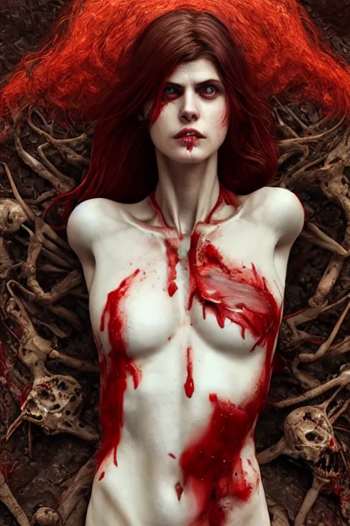 Prompt: woman skeleton covered with blood, alexandra daddario face, long red hair, ultra realistic, concept art, intricate details, highly detailed, photorealistic, octane render, 8 k, unreal engine. retro film still, heavy grain, 3 5 mm, art by artgerm and greg rutkowski and alphonse mucha