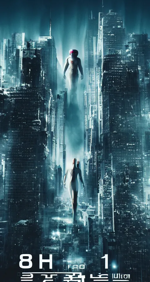 Prompt: a movie poster for a sci - fi movie that stars a humanoid alien with a city in the background. 8 k