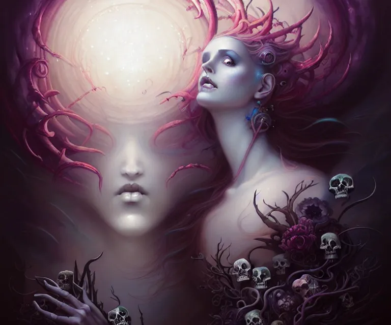 Image similar to mix media, stunning anima goddess of the void by charlie bowater and tom bagshaw, insanely detailed, artstation, psychedelic art. atoms surrounded by skulls and spirits deep under the sea, horror, sci - fi, surrealist painting, by peter mohrbacher anato finnstark