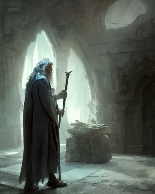 Prompt: gandalf moping a floor, greg rutkowski, esuthio, craig mullins, cinematic lighting, gloomy