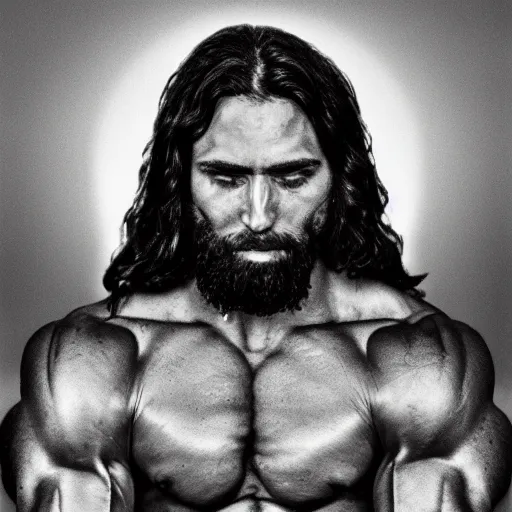 Prompt: Jesus Christ is a jacked muscle builder gigachad, grayscale photography