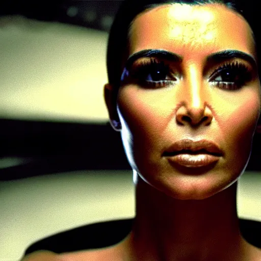 Image similar to film still of kim kardashian in the movie Alien, alien spider mounted to her face as she tries to resist, spider webbed body, scary cinematic shot, 4k.