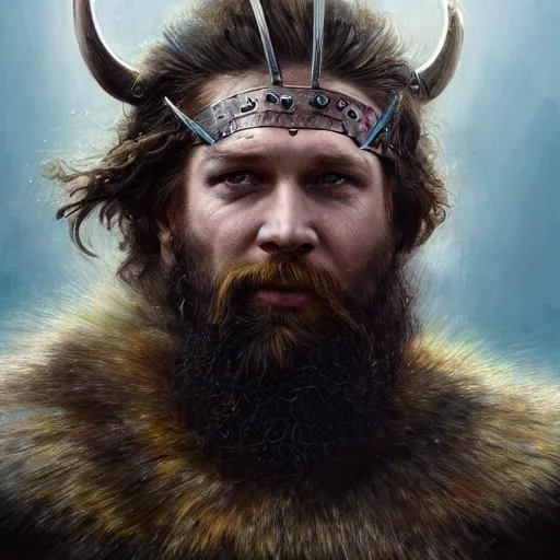 Image similar to Official photo of a majestic fierce barbarian man, leader, strong, highly detailed, viking attire, cinematic, 16k, 1080s, by Stanley Artgermm, Tom Bagshaw, Greg Rutkowski, Vincent di Fate, Carne Griffiths, Ayami Kojima, WLOP, trending on DeviantArt, hyper detailed, full of color, digital art,