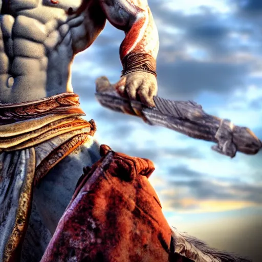 Image similar to A giant marble statue of Kratos from God Of War, hyper-realistic, 8K HDR, sunset.