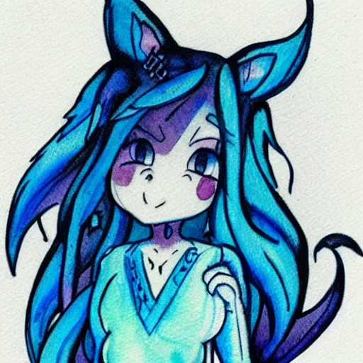 Image similar to tattoo design of a cute blue will of the wisp character. watercolor