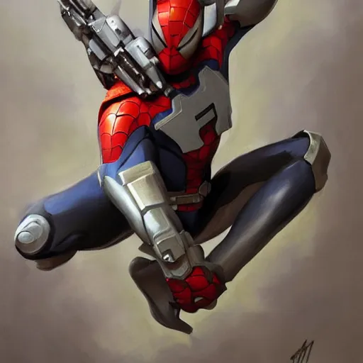 Image similar to greg manchess portrait painting of armored spiderman ultraman grey fox from metal gear cyborg gay japanese - american hybrid as overwatch character, medium shot, asymmetrical, profile picture, organic painting, sunny day, matte painting, bold shapes, hard edges, street art, trending on artstation, by huang guangjian and ail elvgren and sachin teng