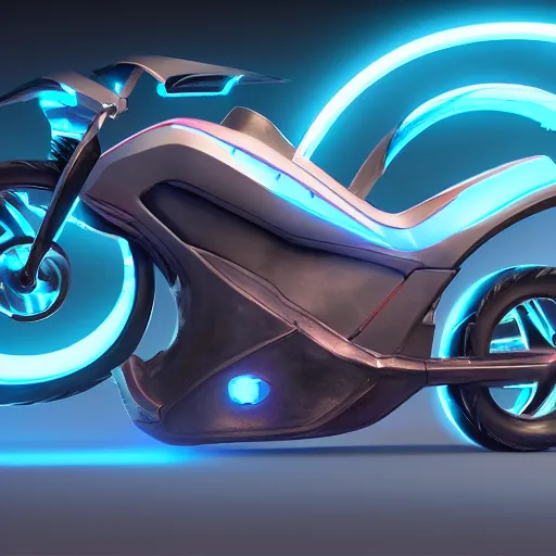 Prompt: concept art of futuristic mortorcycle with neon light, cyberpunk aesthetic, capable to flight, navigator gear, ultra realistic, ultra detailed, volumetric light, anamorphic lenses, unreal engine, 8 k