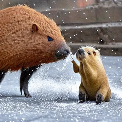 Prompt: capybara snow fighting goku