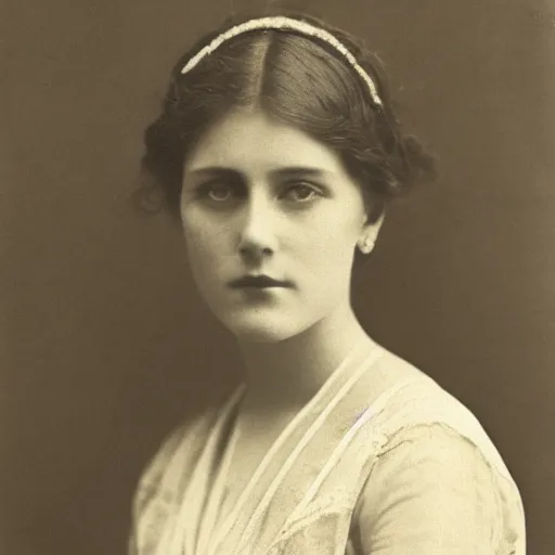 Image similar to edwardian photograph of a beautiful woman, elegant, symmetrical, staring at the camera, very grainy, 1900s, 1910s, close-up portrait, slightly blurry